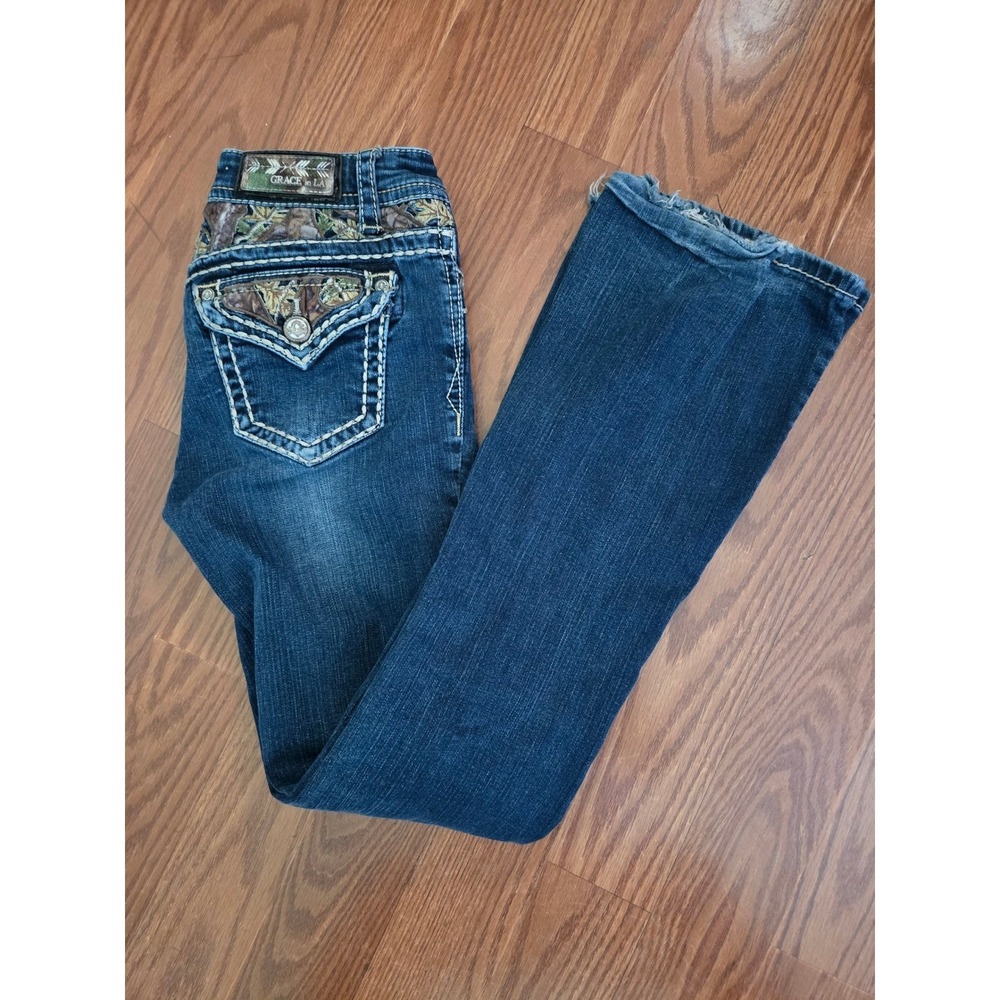 Grace in LA Girls Size 14 Bootcut Jeans Dark Wash Camo Embroidered Flap Pocket